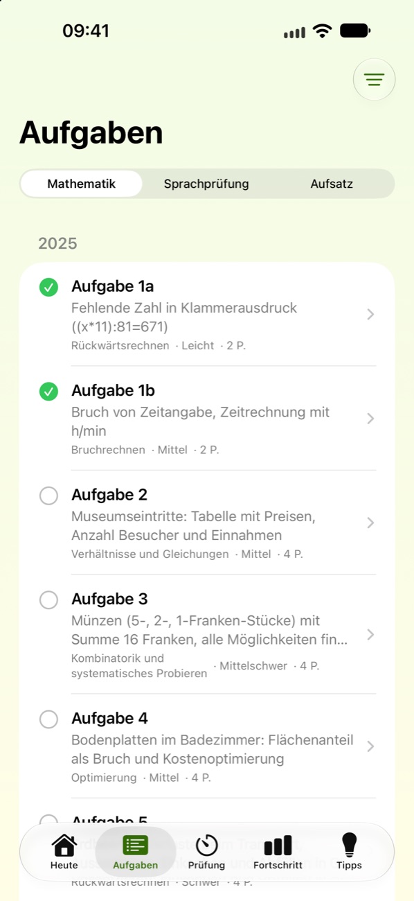 Liste der Mathematik-Aufgaben 2025 mit Thema, Schwierigkeit und Punkten