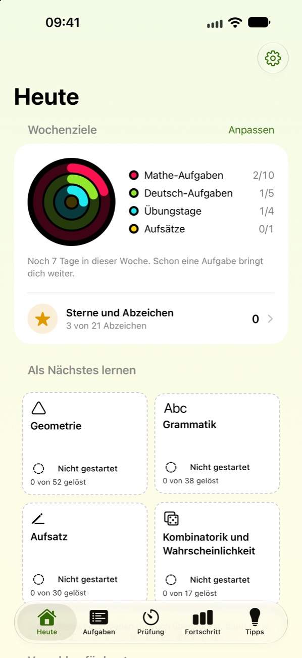 Startseite der App mit Wochenzielen als Ringe und Kacheln «Als Nächstes lernen»